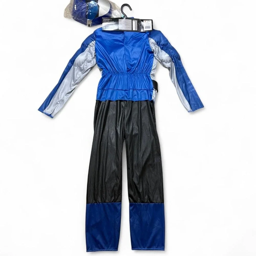 Blue Power Rangers Beast Morphers Muscle Jumpsuit Costume Set Helmet Kids M 7-8